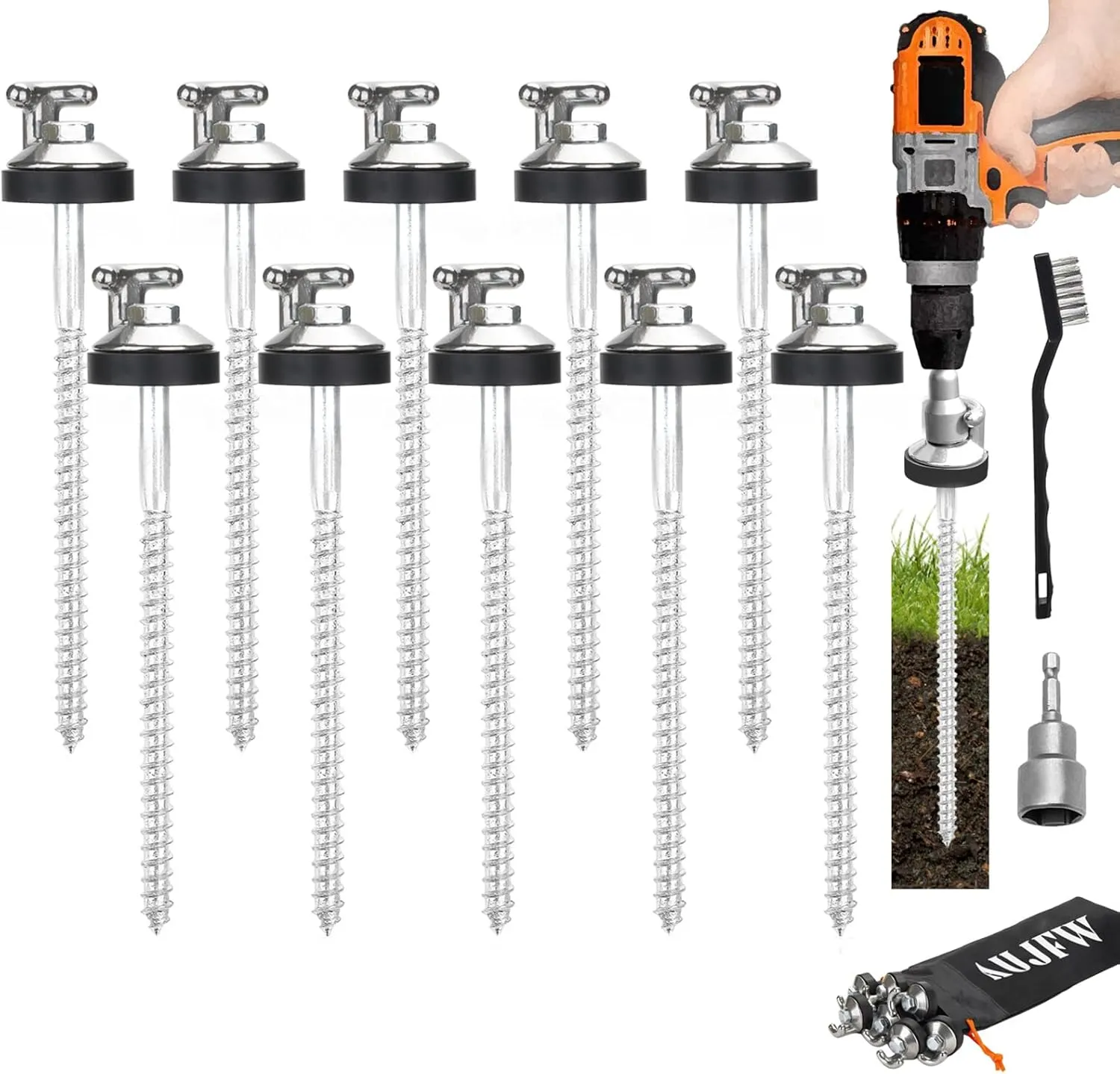 10 Pcs 6.2" Drillable Threaded Long Hook Top Packs Tent Stakes, Heavy Duty Hardened Steel Ground Pegs for Grassland Garden Tents Canopies Awnings Camping Travel (Hex Tool and Storage Bag)