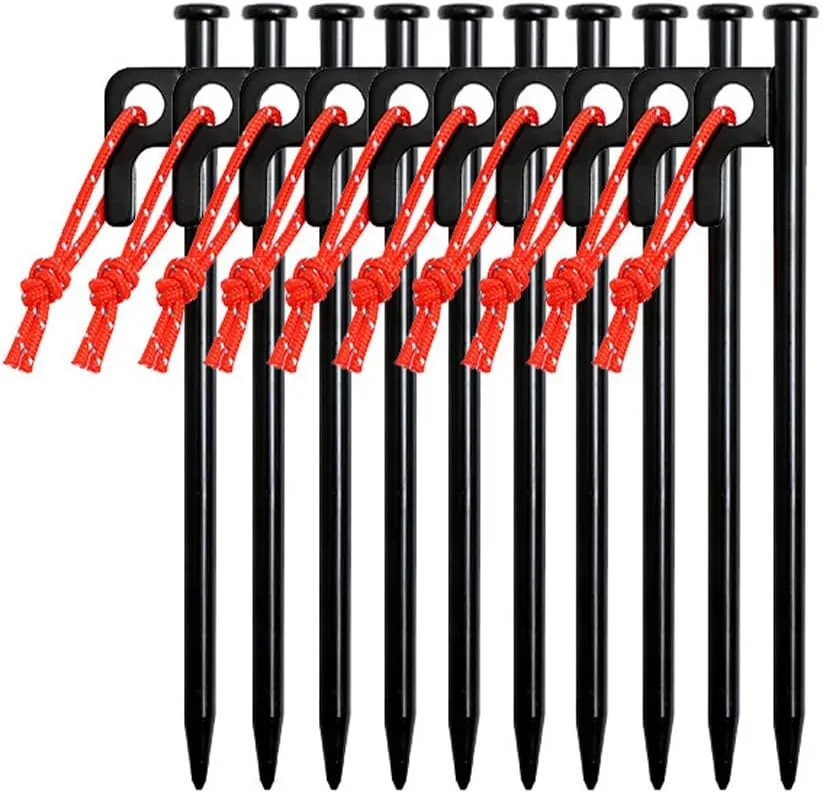 10 pcs NUZAMAS Heavy Duty Tent Pegs 30cm Forged Steel Camping Tent Stakes with Carrying Bag Windproof Fixing Nails with Hole and Rope for Outdoor Trip Hiking
