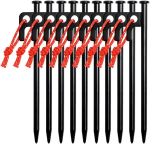 10 pcs NUZAMAS Heavy Duty Tent Pegs 30cm Forged Steel Camping Tent Stakes with Carrying Bag Windproof Fixing Nails with Hole and Rope for Outdoor Trip Hiking
