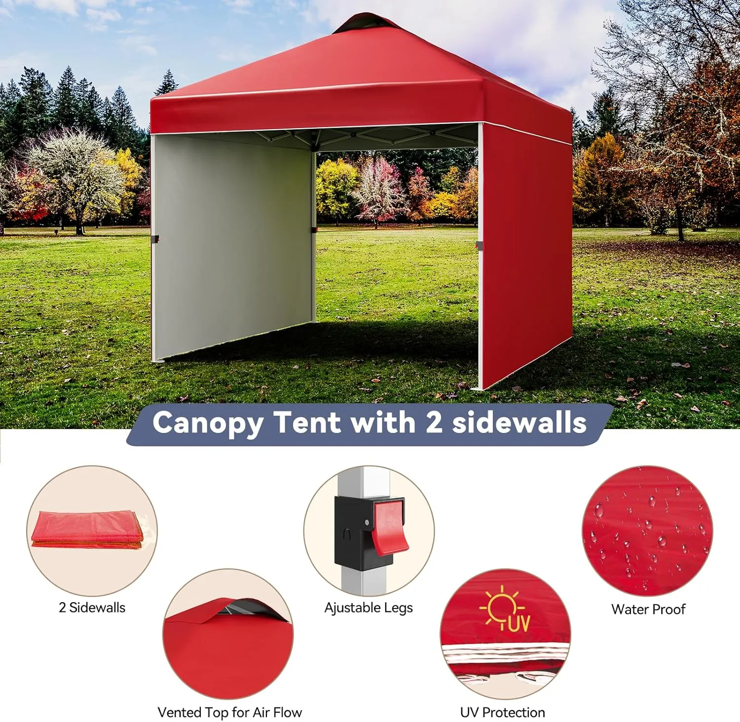10 x 10 Pop Up Canopy Tent, Portable Beach Tent with 2 Sidewalls and Vented Roof, Outdoor Instant Canopy Tent with Wheeled Carry Bag and Sandbag for Camping Picnic Party, Red