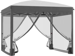 10' x 10' Pop Up Canopy Tent with Netting, Instant Sun Shelter, Tents for Parties, Height Adjustable, with Wheeled Carry Bag and 4 Sand Bags for Outdoor, Garden, Patio, Gray