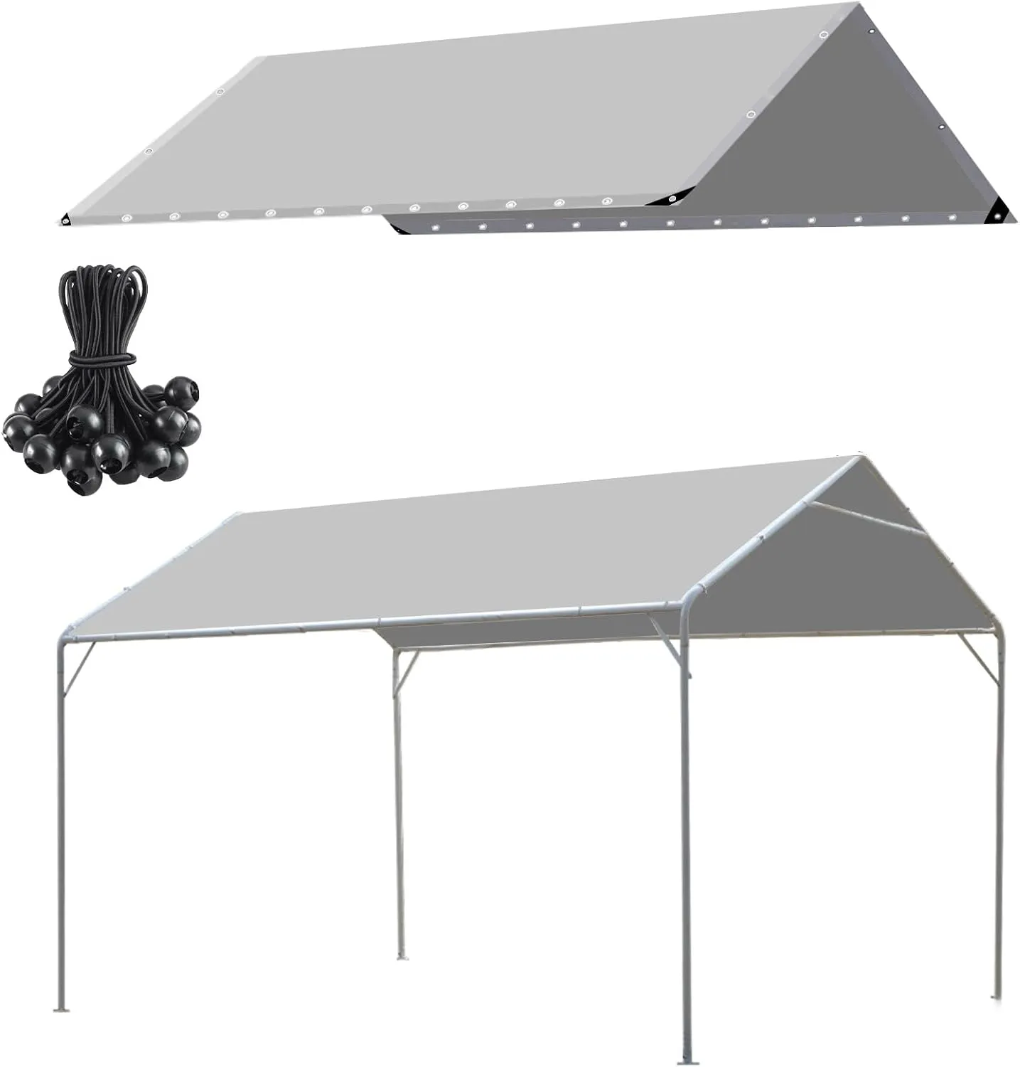 10 x 20 Ft Heavy Duty Carport Replacement Canopy Cover Waterproof & UV Protected Car Garage Top Tent Shelter Tarp Cover with 44 Ball Bungees Cords, Only Top Cover, Grey