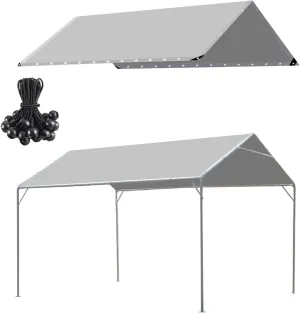 10 x 20 Ft Heavy Duty Carport Replacement Canopy Cover Waterproof & UV Protected Car Garage Top Tent Shelter Tarp Cover with 44 Ball Bungees Cords, Only Top Cover, Grey