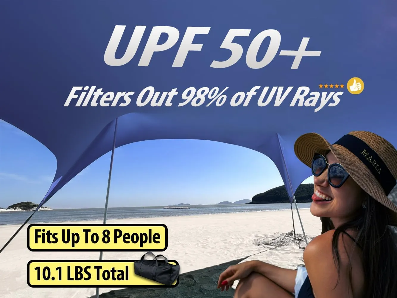 10×10ft UPF50  Beach Tent Sun Shelter, Windproof Stable Outdoor Pop Up Beach Shade Canopy for Camping, Fishing, Backyard Fun or Picnics, 4 Poles
