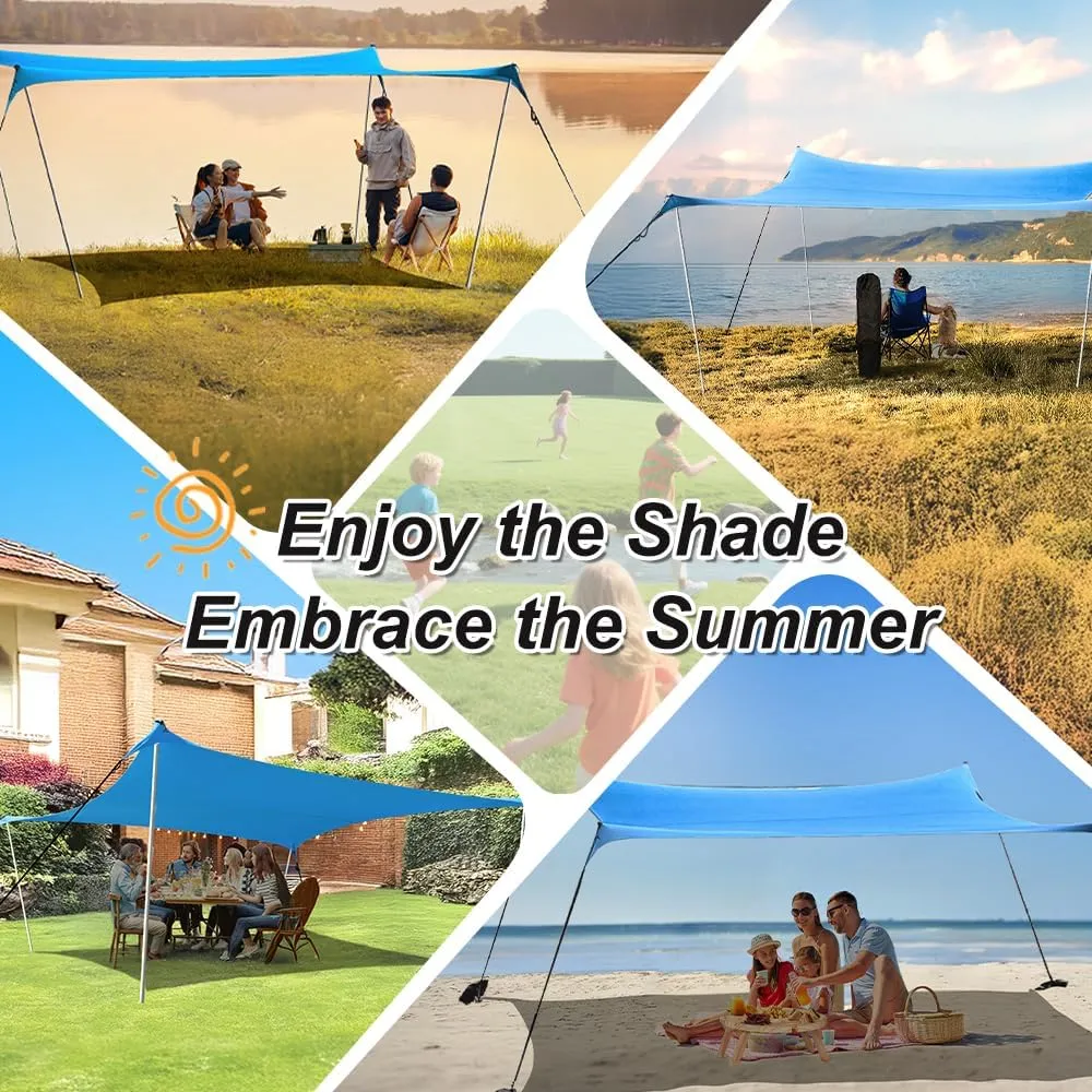 10×10ft UPF50  Beach Tent Sun Shelter, Windproof Stable Outdoor Pop Up Beach Shade Canopy for Camping, Fishing, Backyard Fun or Picnics, 4 Poles