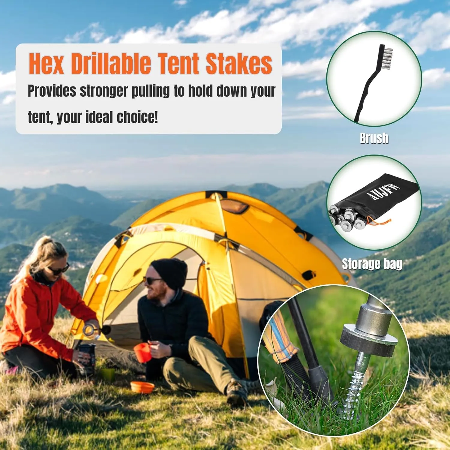 10Pcs 6.2" Hex Pegs Drillable Threaded Tent Pegs Or Tent Stakes, Screw in Tent Pegs Stakes for Garden Canopies Grassland Canopies Awnings Camping Travel (Hex Tool and Storage Bag)