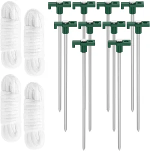 10Pcs Tent Stakes Set with 4 Ropes Metal Camping Tent Ground Stakes Sturdy Canopy Windproof Pegs Reusable Outdoor Tent Pegs Canopy Stakes Kit for Outdoor Camping Hiking
