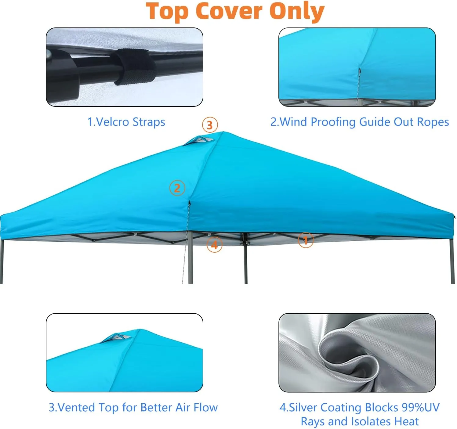 10x10 Canopy Replacement Top Cover,Pop Up Canopy Tent Top with Air Vent Ropes, Waterproof Sunshade Silver Coated Oxford Cloth for Outdoor Garden Patio Picnic Camping(Top Only,301 * 301cm)