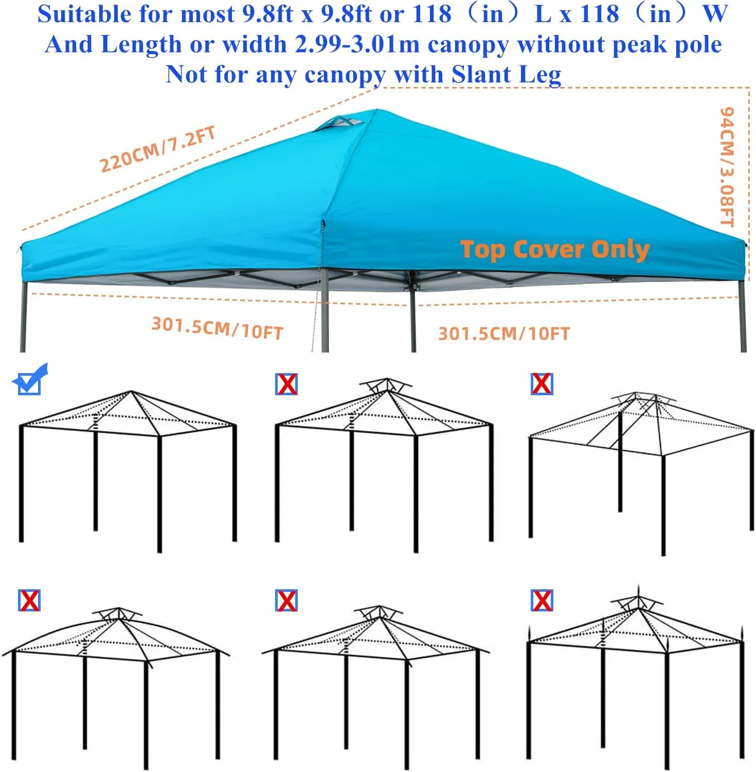 10x10 Canopy Replacement Top Cover,Pop Up Canopy Tent Top with Air Vent Ropes, Waterproof Sunshade Silver Coated Oxford Cloth for Outdoor Garden Patio Picnic Camping(Top Only,301 * 301cm)