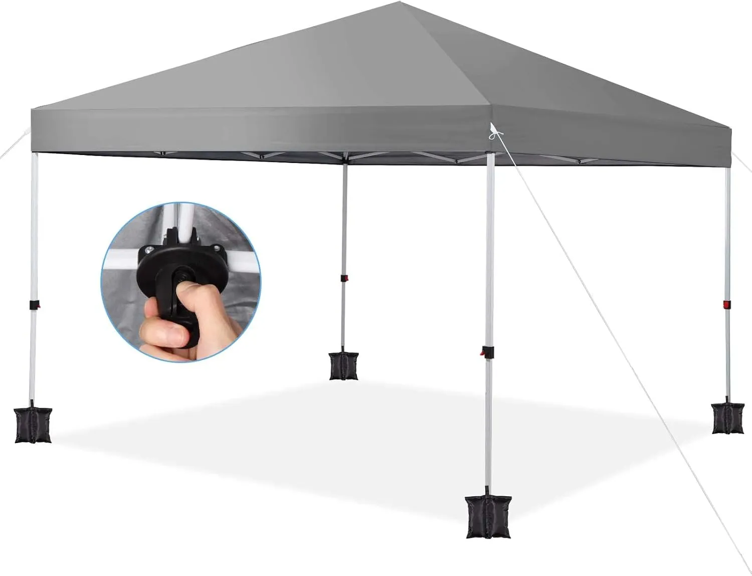 10x10 Canopy Tent, Unique One Push Pop Up Canopy with Cover Bag, with 4 Sand Bags, Grey