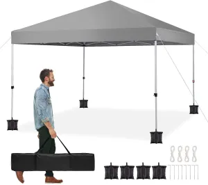10x10 Canopy Tent, Unique One Push Pop Up Canopy with Cover Bag, with 4 Sand Bags, Grey