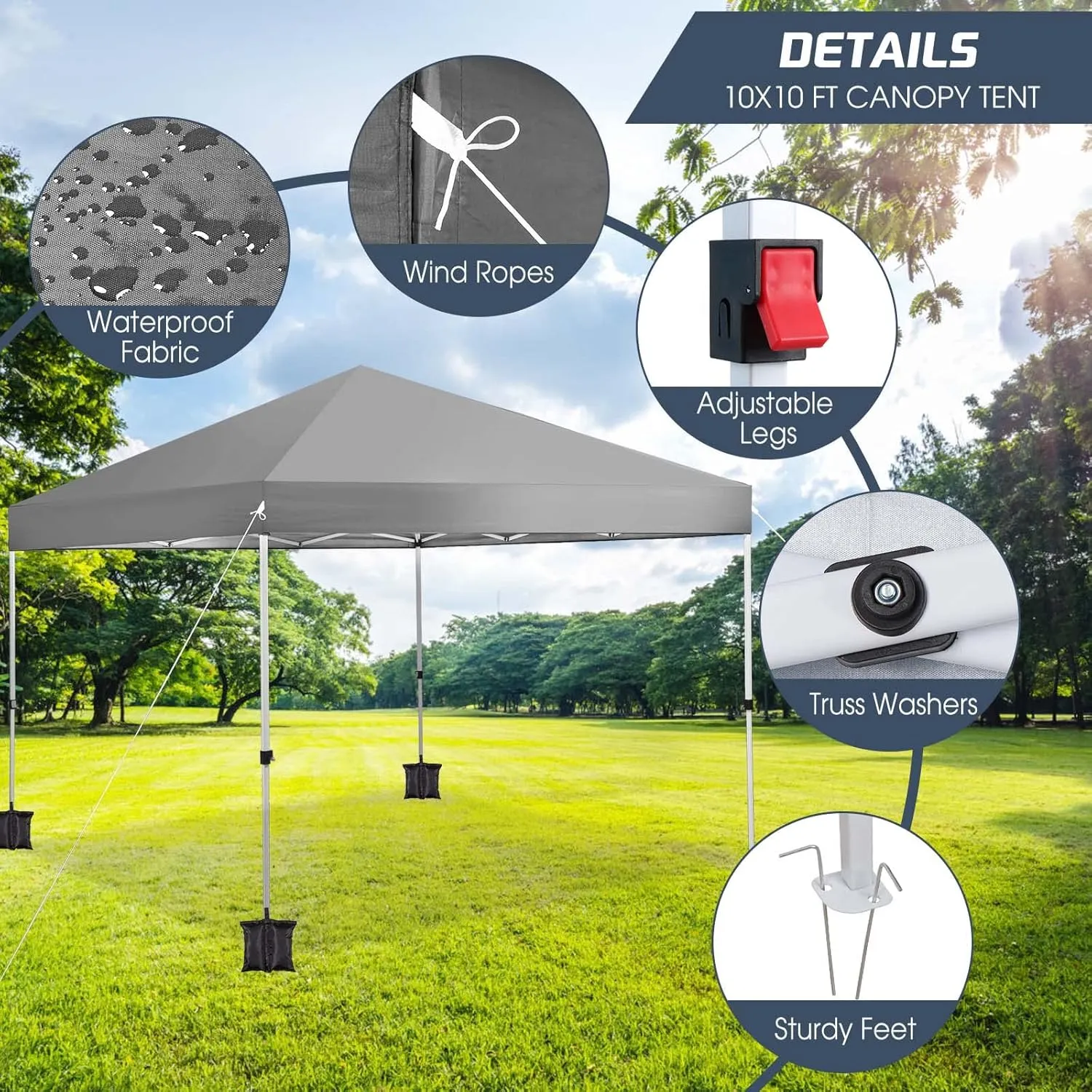 10x10 Canopy Tent, Unique One Push Pop Up Canopy with Cover Bag, with 4 Sand Bags, Grey