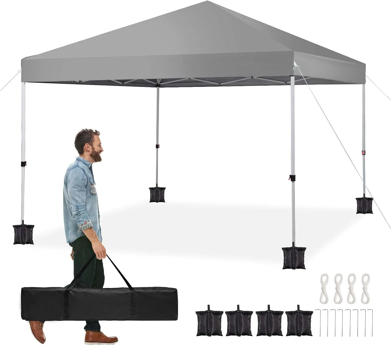 10x10 Canopy Tent, Unique One Push Pop Up Canopy with Cover Bag, with 4 Sand Bags, Grey