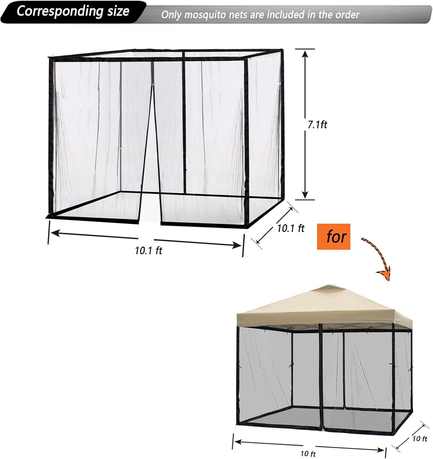 10x10 Gazebo Replacement Mosquito Netting for Pop-Up Canopy Tent, Sidewall Screen with Zipper Universal Black