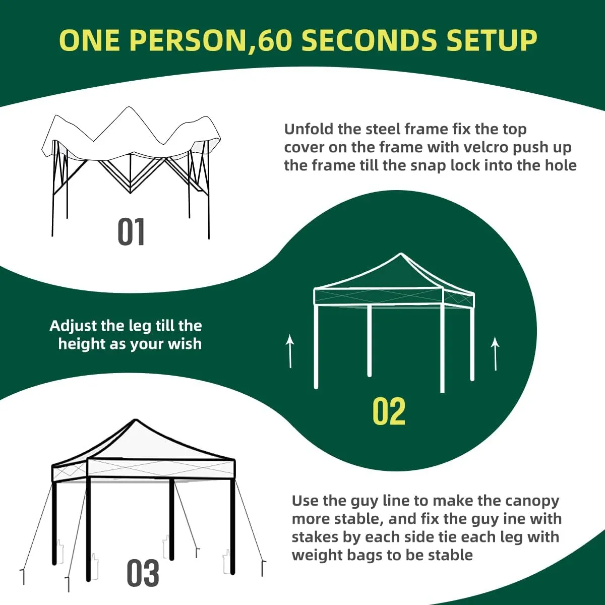 10x10 Pop Up Canopy Tent, Outdoor Instant Sun Shelter - Green, Included 1 x Rolling Storage Wheeled Bag, 4 x Guylines, 8 x Stakes