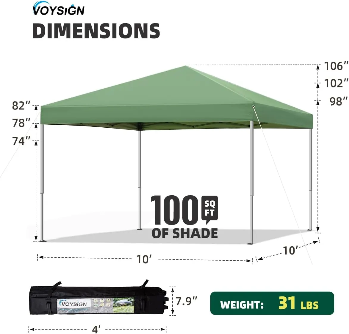 10x10 Pop Up Canopy Tent, Outdoor Instant Sun Shelter - Green, Included 1 x Rolling Storage Wheeled Bag, 4 x Guylines, 8 x Stakes