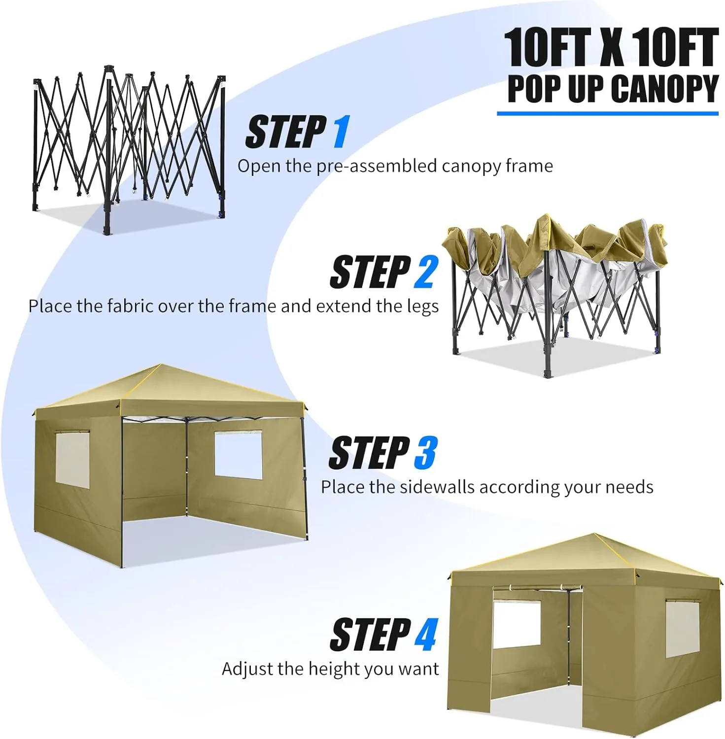 10x10 Pop Up Canopy Tent with 4 Sidewalls and Mesh Windows 2.0, Waterproof Commercial Instant Gazebo Outdoor Tents for Party/Exhibition/Picnic with Carry Bag,4 Stakes & Ropes (Khaki)