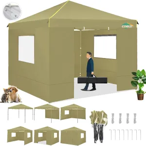 10x10 Pop Up Canopy Tent with 4 Sidewalls and Mesh Windows 2.0, Waterproof Commercial Instant Gazebo Outdoor Tents for Party/Exhibition/Picnic with Carry Bag,4 Stakes & Ropes (Khaki)