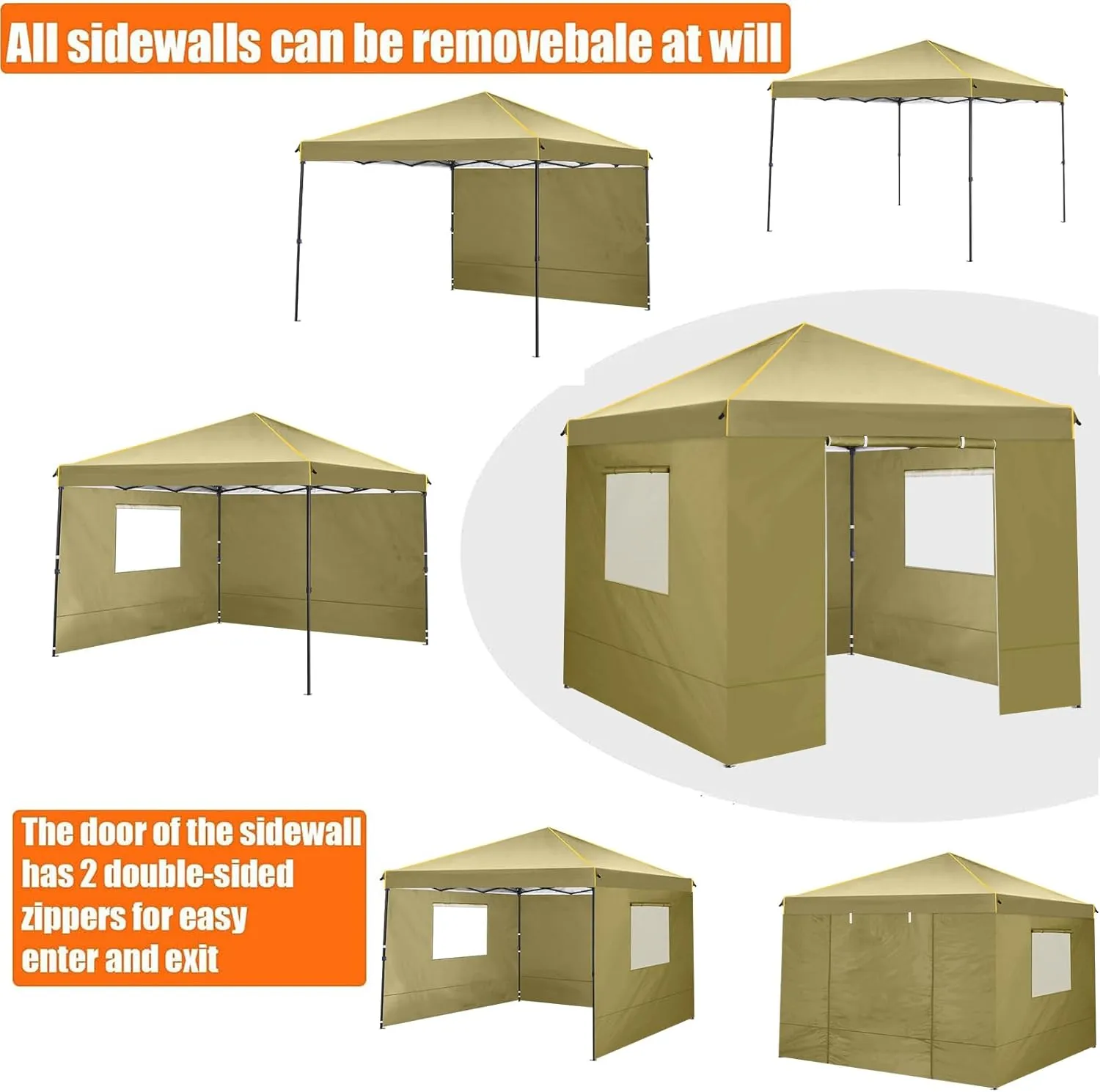 10x10 Pop Up Canopy Tent with 4 Sidewalls and Mesh Windows 2.0, Waterproof Commercial Instant Gazebo Outdoor Tents for Party/Exhibition/Picnic with Carry Bag,4 Stakes & Ropes (Khaki)