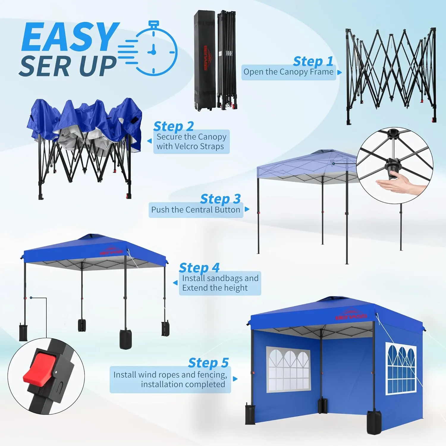 10x10 Pop Up Canopy Tent with Sidewalls, Easy Up, Heavy Duty, Blue, Perfect for Parties, Camping, Events & Vendor