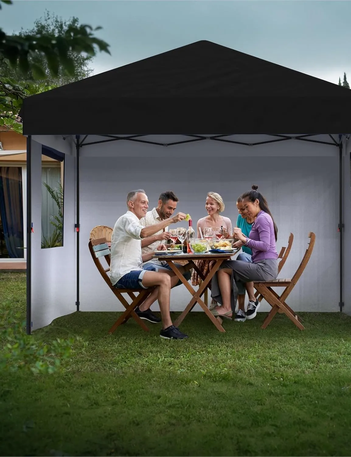 10x10 Pop Up Canopy with Removable 3 Sidewalls - Easy Up Camping Tent with One Button Push Setup - 1 Roller Bag, 3 Adjustable Height, 4 Weight Bags for Deck, Garden, Sports, Beach, Party - Black