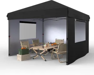 10x10 Pop Up Canopy with Removable 3 Sidewalls - Easy Up Camping Tent with One Button Push Setup - 1 Roller Bag, 3 Adjustable Height, 4 Weight Bags for Deck, Garden, Sports, Beach, Party - Black