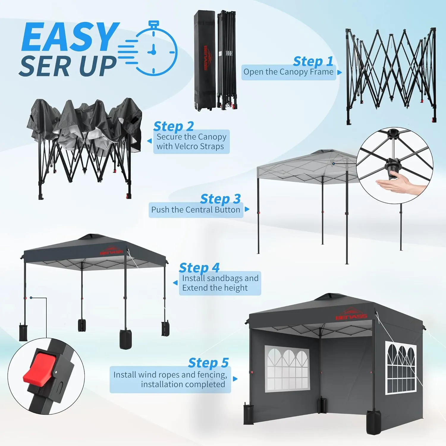 10x10 Pop Up Canopy with Sidewalls, Easy Up Canopy Tent, Heavy Duty Tents for Parties, One Person Set Up Event Tent, Grey