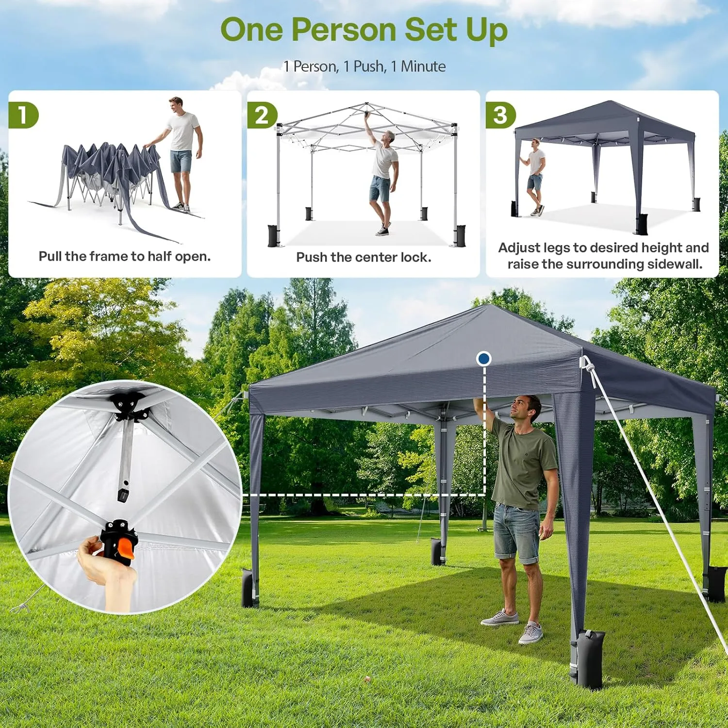 10x10 Pop Up Canopy with Sidewalls, Outdoor Instant Canopy Tent with Carry Bag for Commercial Events, Camping, Backyard Parties - Dark Grey