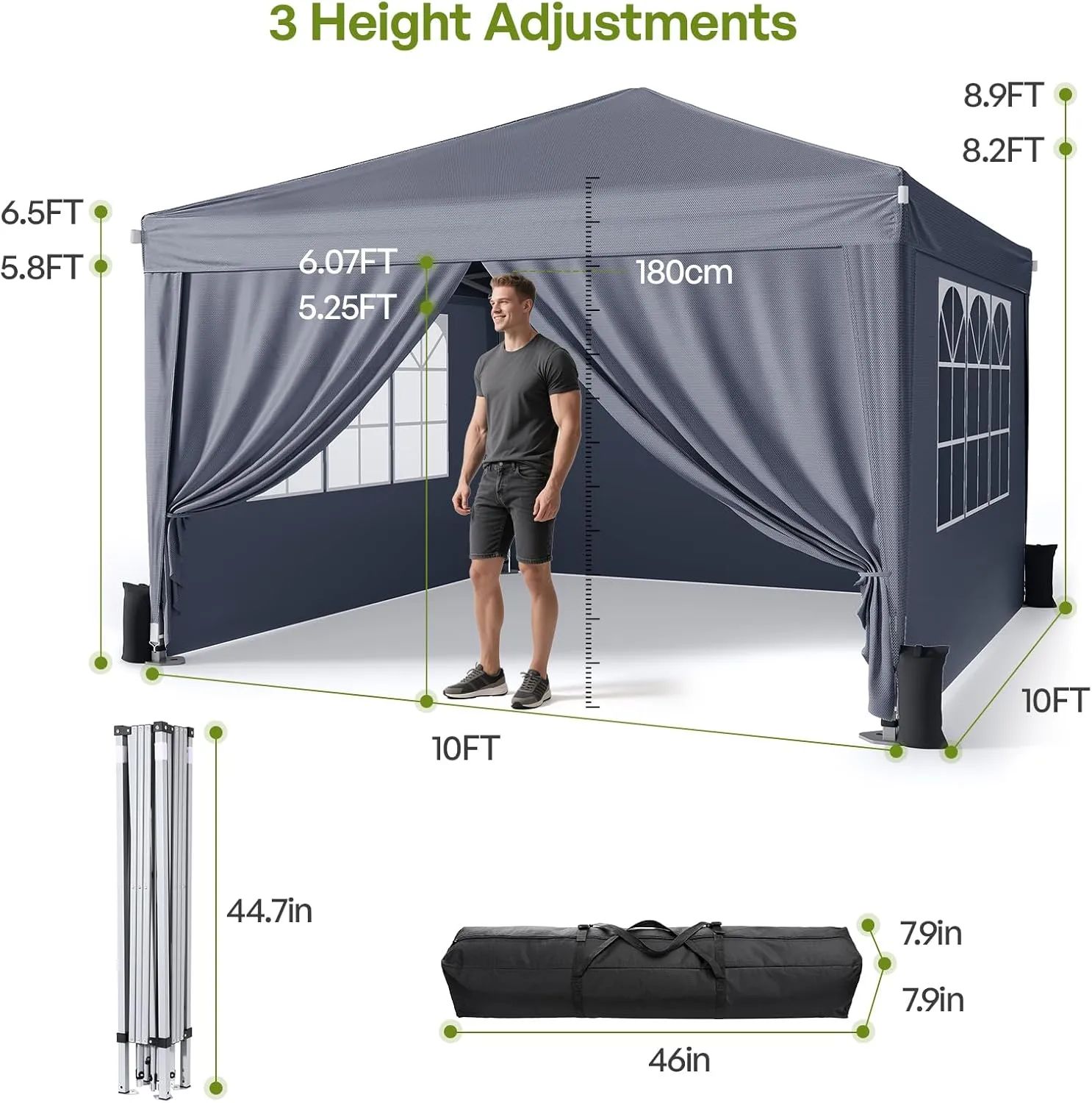 10x10 Pop Up Canopy with Sidewalls, Outdoor Instant Canopy Tent with Carry Bag for Commercial Events, Camping, Backyard Parties - Dark Grey