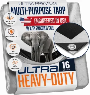 10x12 Ultra Heavy Duty Tarp, Extra Thick 16 Mil, UV Resistant, Grommets Every 18 Inches - Waterproof Plastic Poly Tarpaulin - (Reversible, Silver and Black) (10' x 12' Feet)