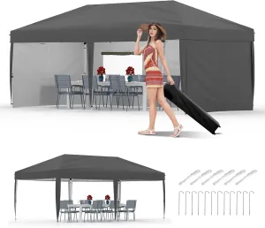 10x20 Pop Up Canopy with 4 Sidewalls - Heavy Duty Outdoor Canopy Tent with Portable Roller Bag - 3 Adjustable Height, 4 Weight Bags, 8 Stakes & 6 Guy Ropes Included, Grey