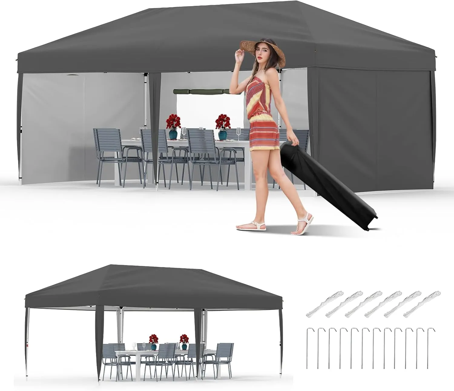 10x20 Pop Up Canopy with 4 Sidewalls - Heavy Duty Outdoor Canopy Tent with Portable Roller Bag - 3 Adjustable Height, 4 Weight Bags, 8 Stakes & 6 Guy Ropes Included, Grey
