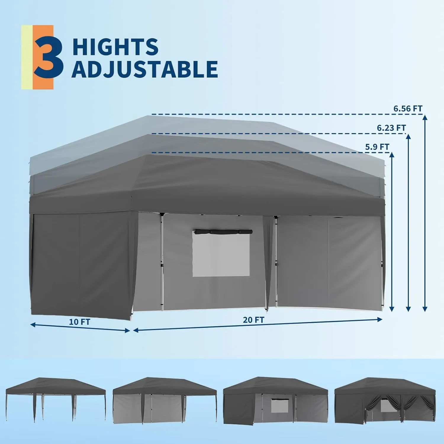 10x20 Pop Up Canopy with 4 Sidewalls - Heavy Duty Outdoor Canopy Tent with Portable Roller Bag - 3 Adjustable Height, 4 Weight Bags, 8 Stakes & 6 Guy Ropes Included, Grey