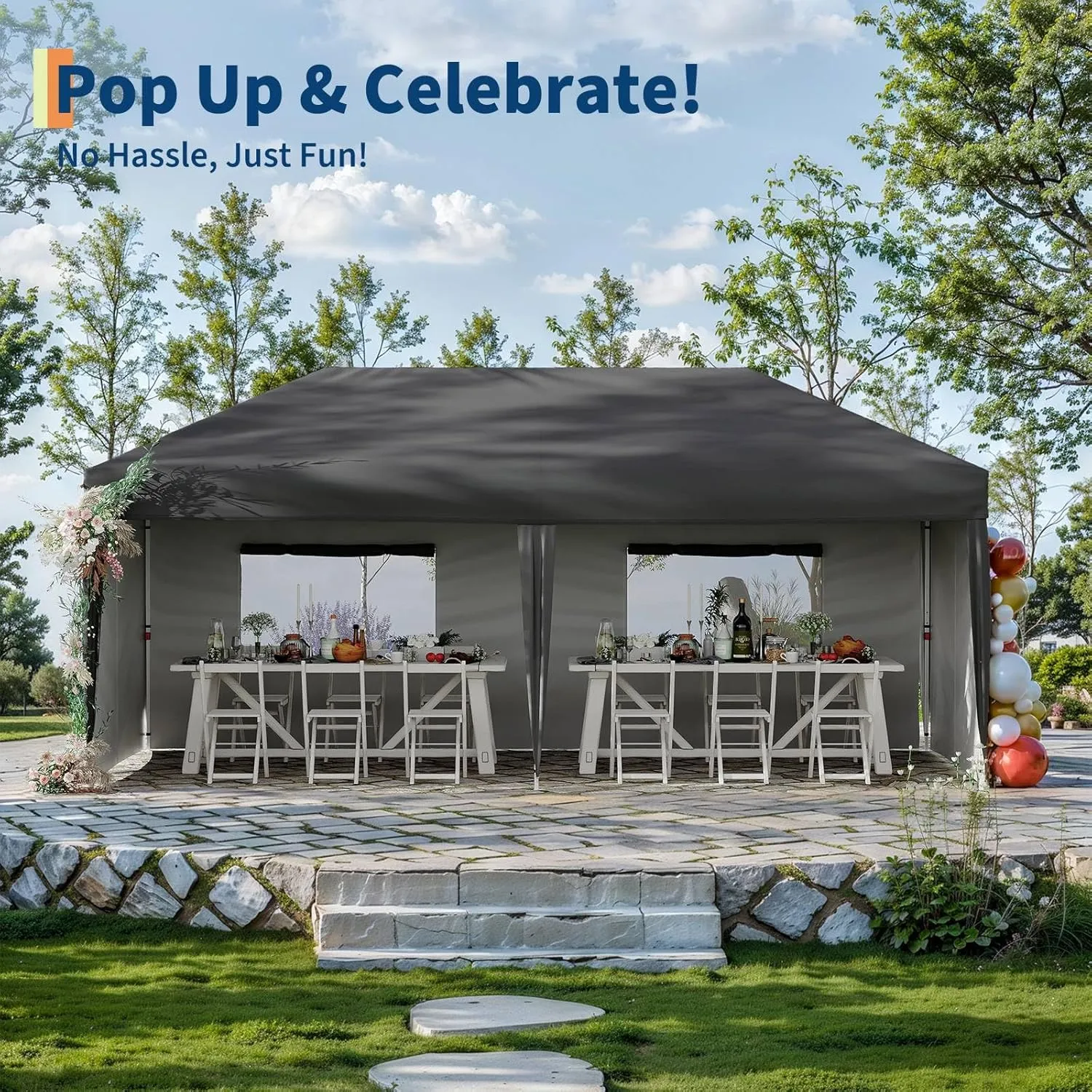 10x20 Pop Up Canopy with 4 Sidewalls - Heavy Duty Outdoor Canopy Tent with Portable Roller Bag - 3 Adjustable Height, 4 Weight Bags, 8 Stakes & 6 Guy Ropes Included, Grey