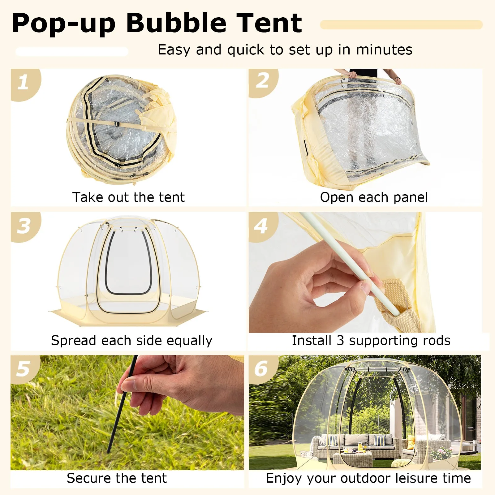 11 x 11 Feet Clear Dome Pop up Bubble Tent with Carrying Bag for 6-10 People-Beige