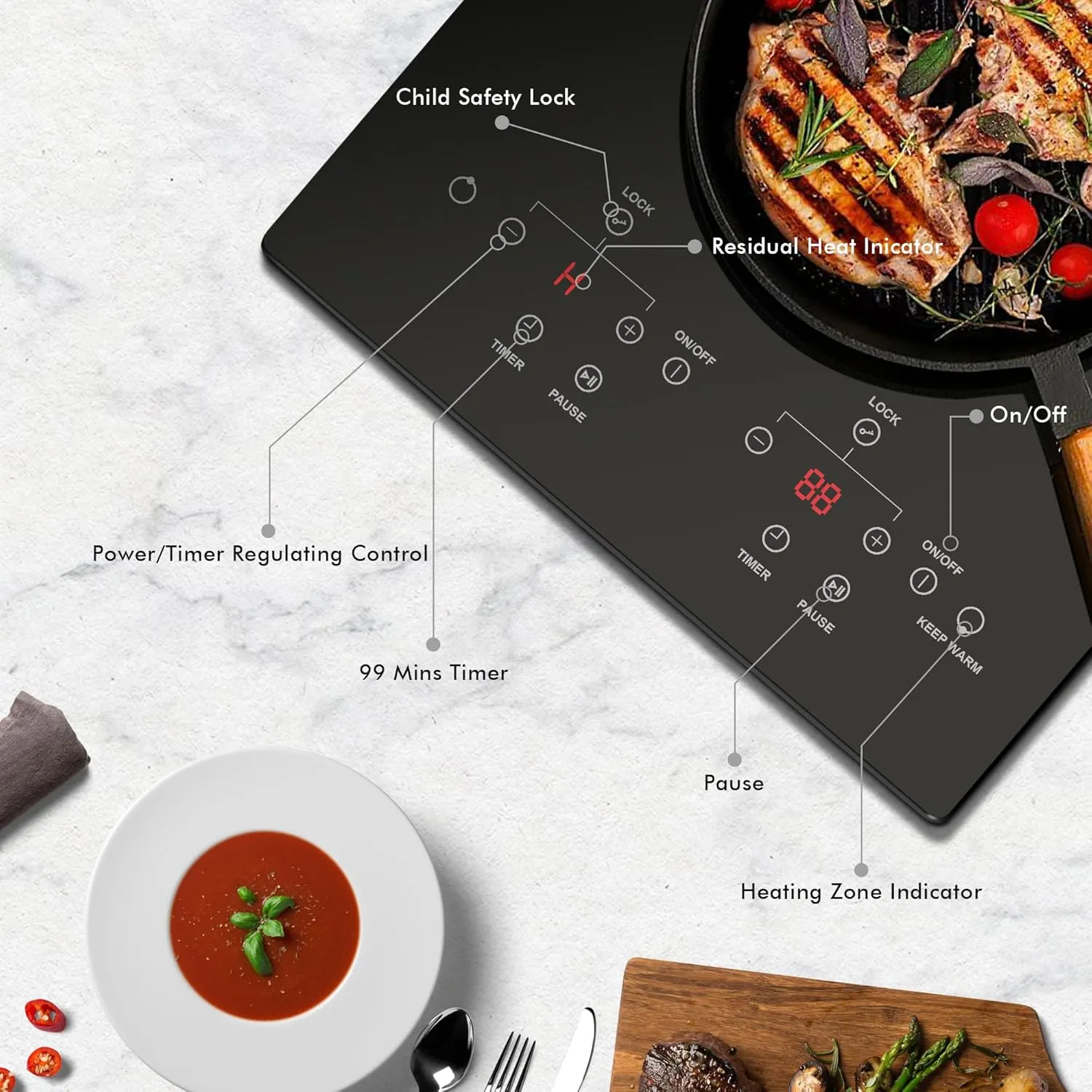 12 Inch Electric Cooktop - 2 Burner Countertop & Built-in Electric Stove Top, 120V Plug in Electrical Cook Top, Timer, Safety Lock, Over-Temperature Protection, Sensor Touch Control