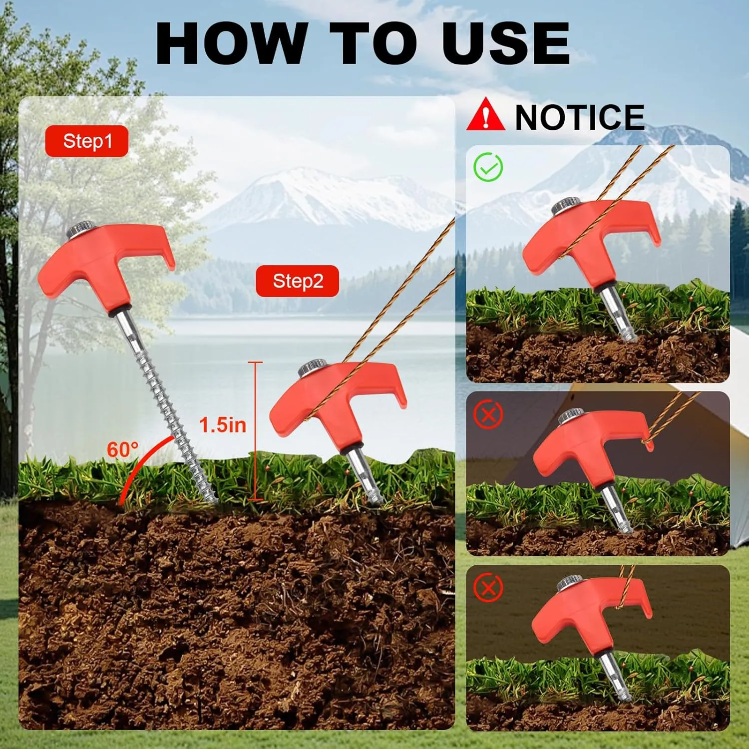 12 Pcs Tent Stakes Heavy Duty, 8 inch Ground Anchors Screw in, Screw in Tent Stakes, Camping Stakes with Storage Box, Threaded Tent Spikes with Hex Head Driver and Stake Puller, Ground Stakes