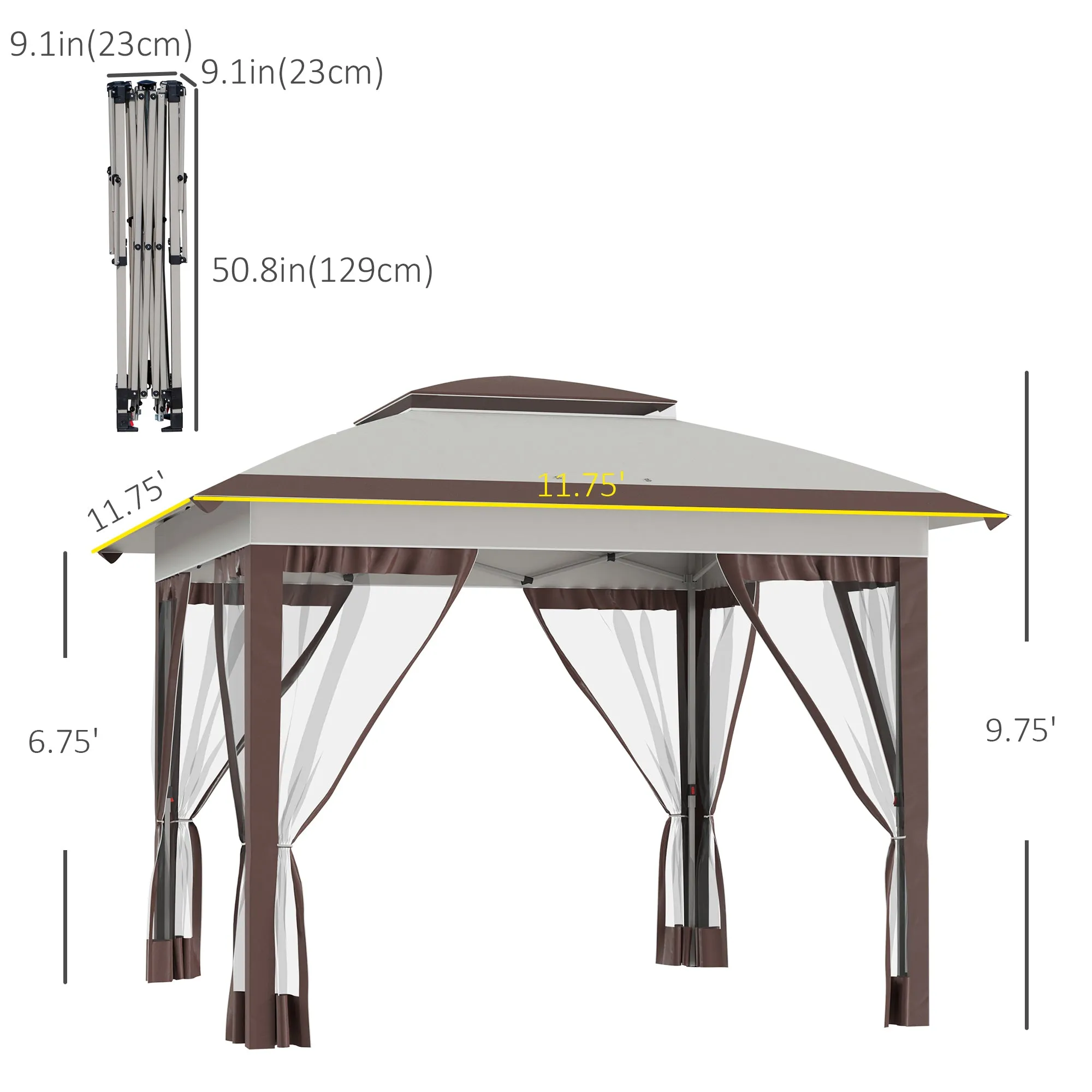 12' x 12' Pop-Up Canopy Tent with Netting & Carry Bag, Instant Shelter, Beige & Brown
