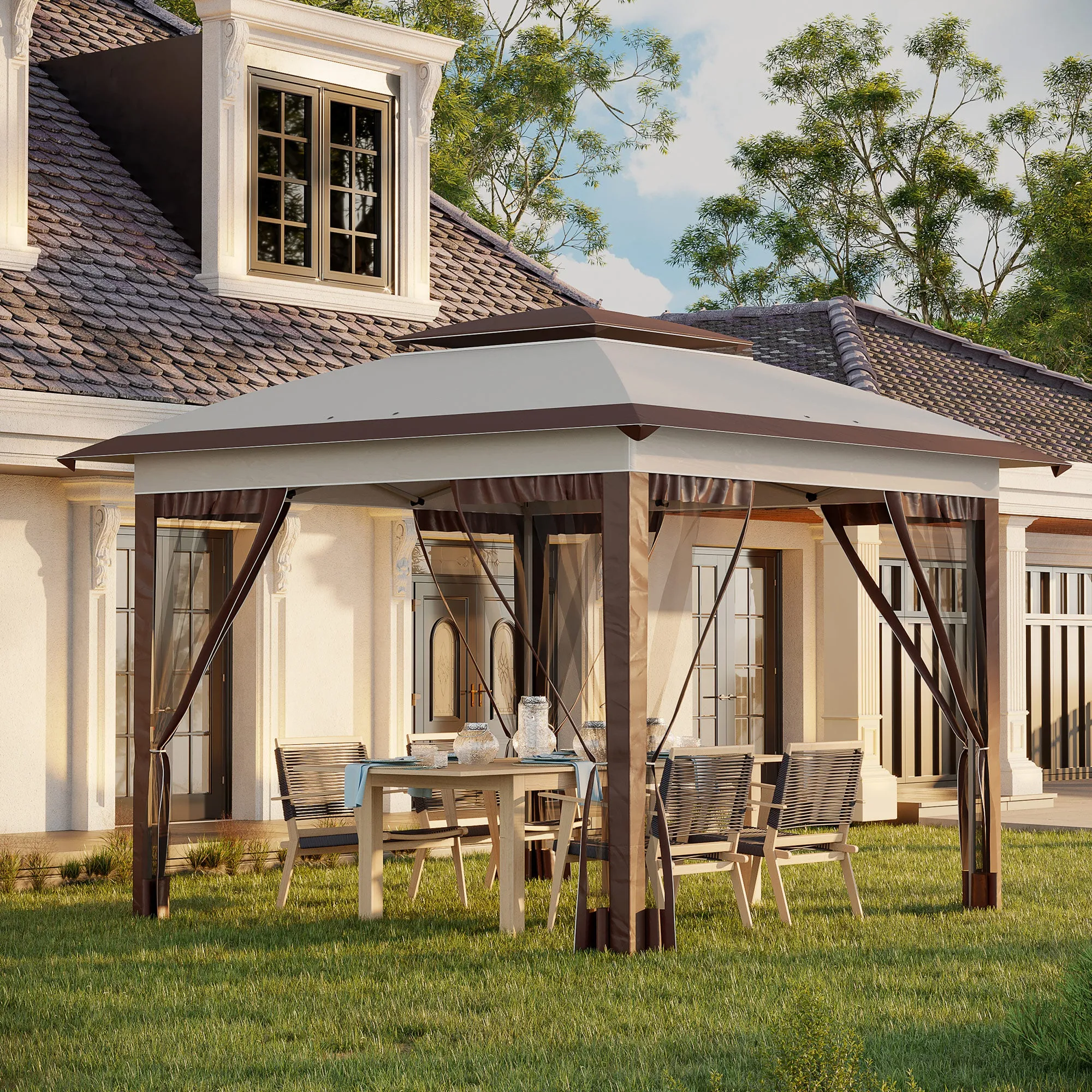12' x 12' Pop-Up Canopy Tent with Netting & Carry Bag, Instant Shelter, Beige & Brown