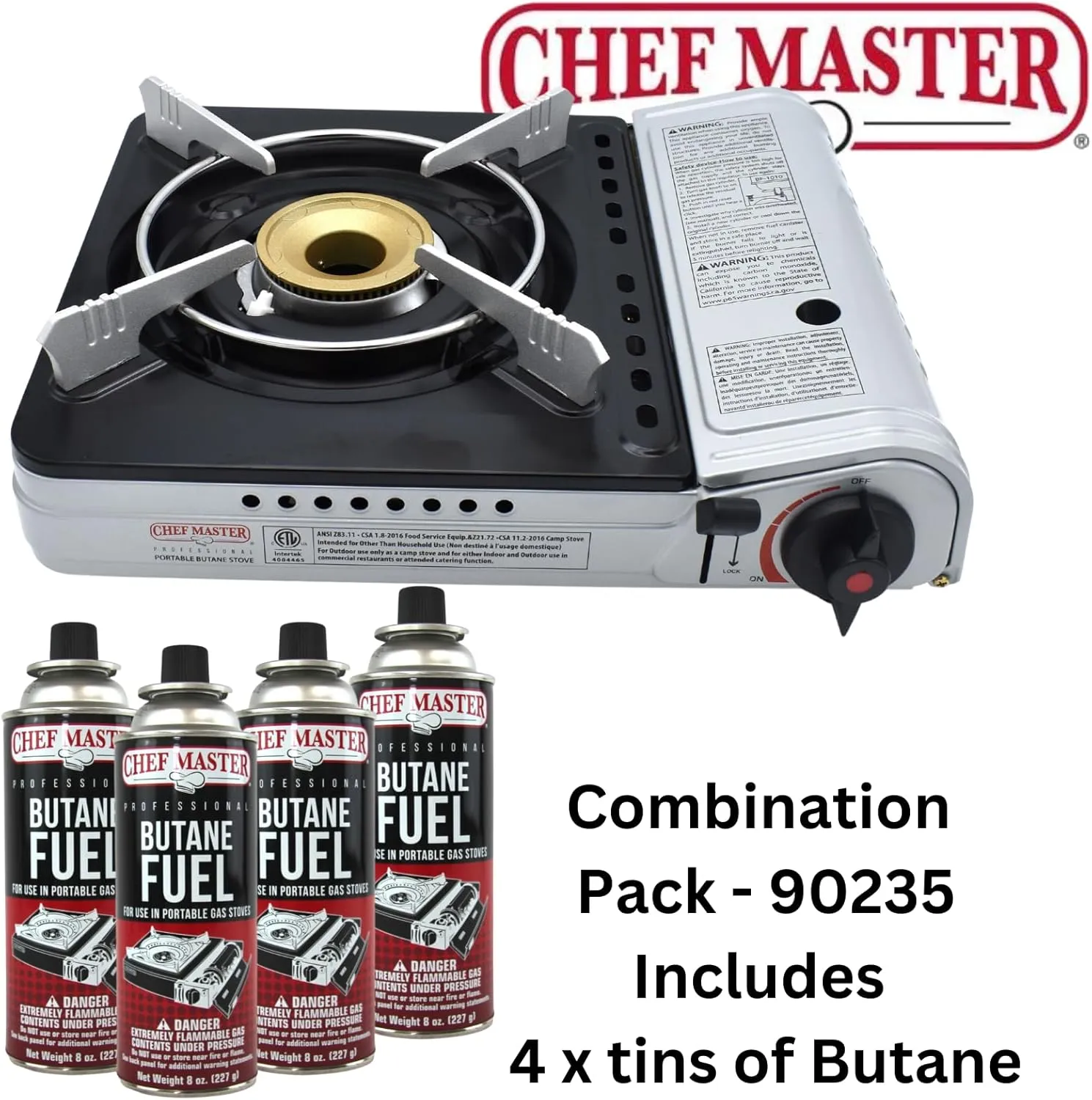 12,000 BTU Portable Butane Camping Stove with 4 x 8oz. Butane Fuel Canister Combo, Double Wind-Guard Portable Stove w/Carry Case for Road Trips, Camping, Tailgating & Emergencies by Chef Master 90235