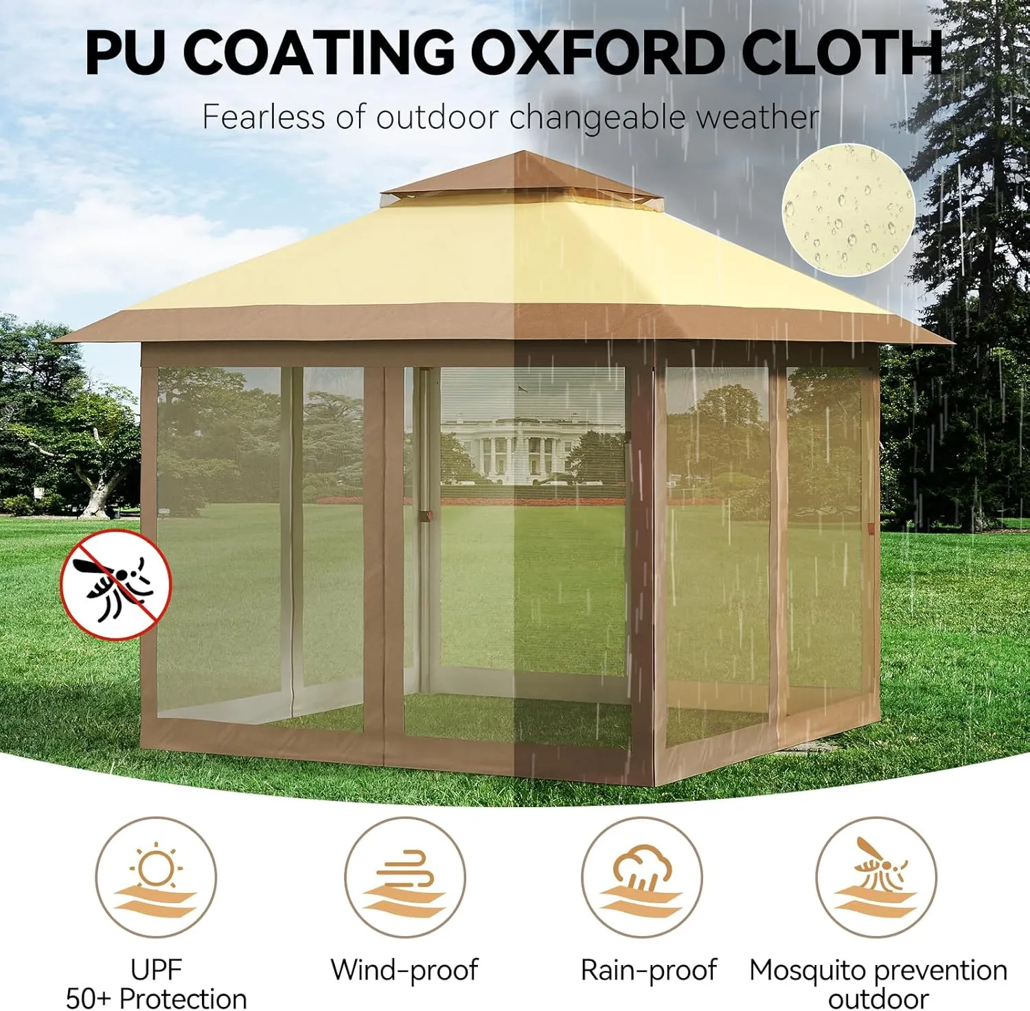 12x12 Pop Up Gazebo Tent with Mosquito Netting & Water,Resistant Oxford Canopy with Roller Bag,Instant Setup Outdoor Shelter for Backyard, Patio, Parties, Weddings, Outdoor Dining,Beige Khaki