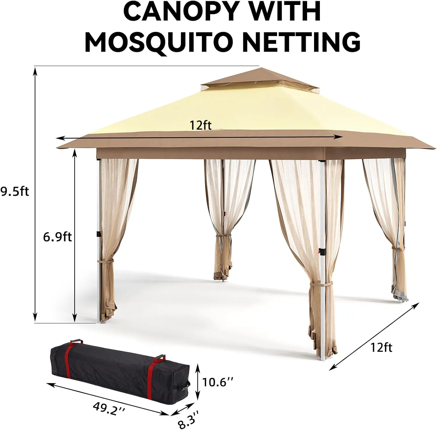 12x12 Pop Up Gazebo Tent with Mosquito Netting & Water,Resistant Oxford Canopy with Roller Bag,Instant Setup Outdoor Shelter for Backyard, Patio, Parties, Weddings, Outdoor Dining,Beige Khaki