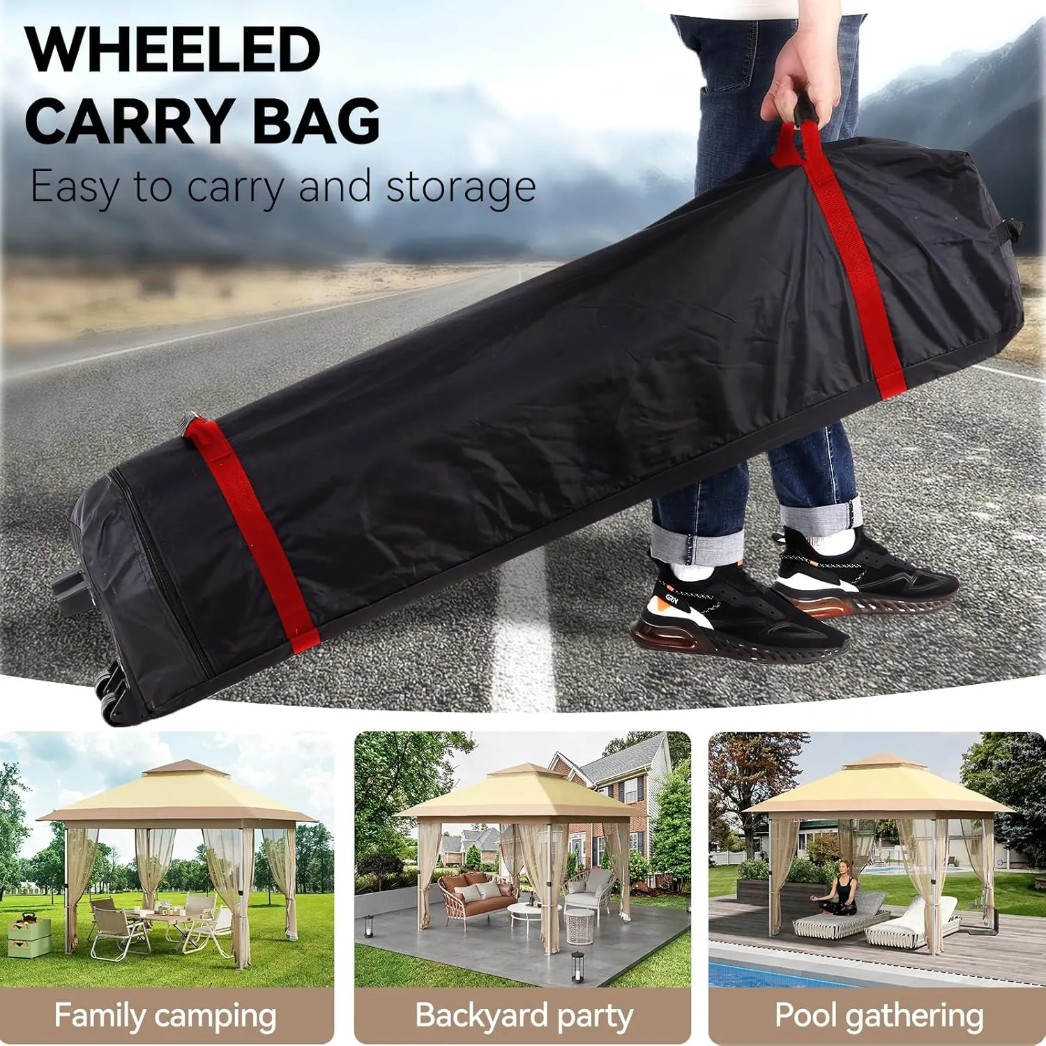 12x12 Pop Up Gazebo Tent with Mosquito Netting & Water,Resistant Oxford Canopy with Roller Bag,Instant Setup Outdoor Shelter for Backyard, Patio, Parties, Weddings, Outdoor Dining,Beige Khaki
