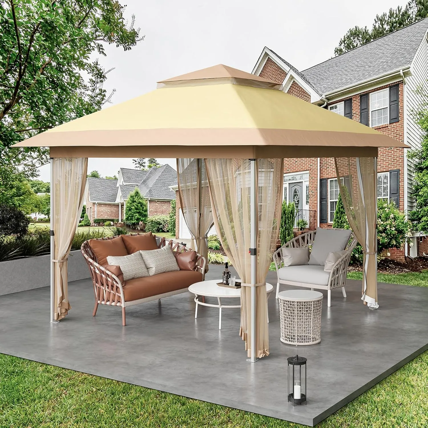 12x12 Pop Up Gazebo Tent with Mosquito Netting & Water,Resistant Oxford Canopy with Roller Bag,Instant Setup Outdoor Shelter for Backyard, Patio, Parties, Weddings, Outdoor Dining,Beige Khaki