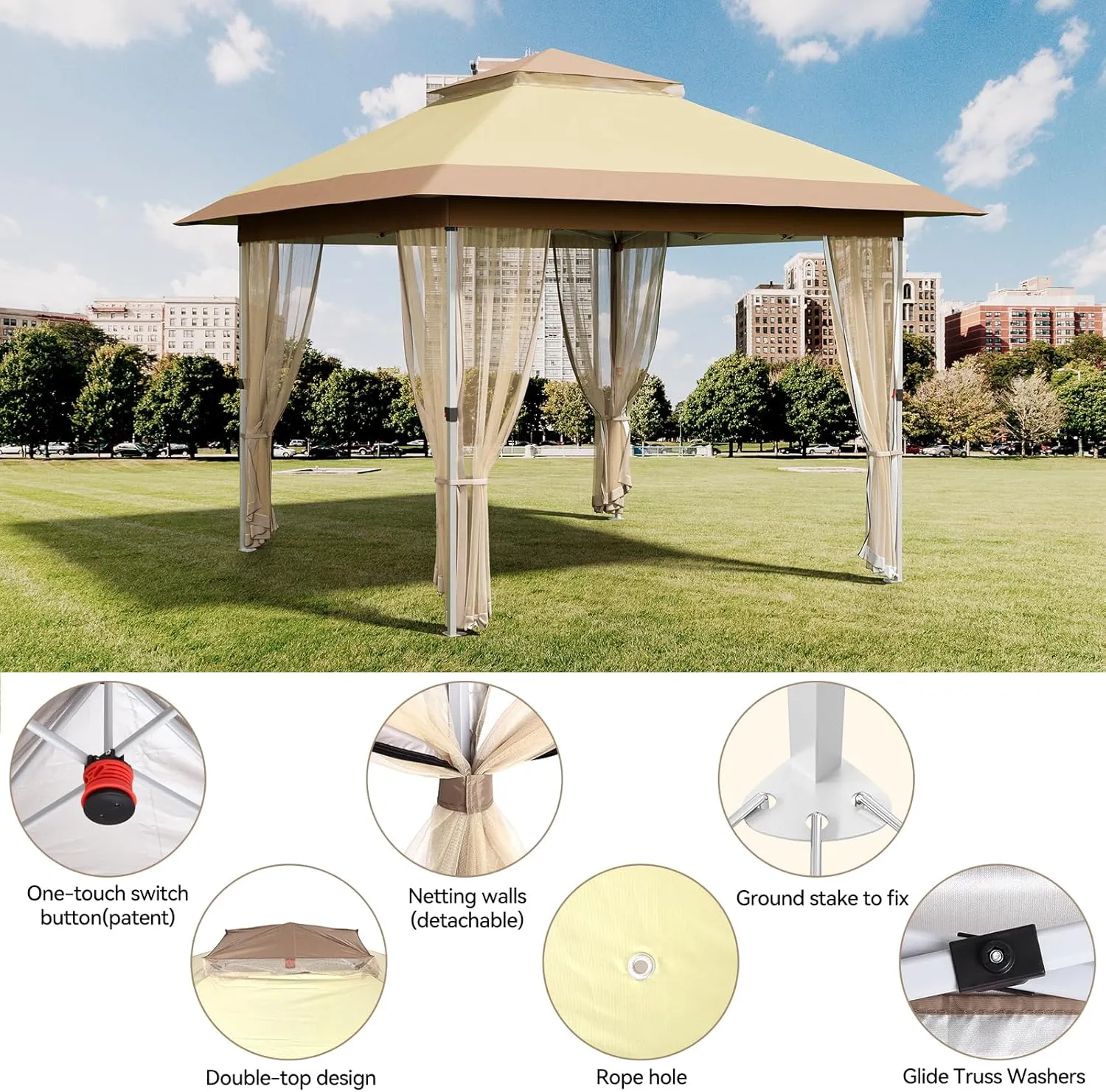12x12 Pop Up Gazebo Tent with Mosquito Netting & Water,Resistant Oxford Canopy with Roller Bag,Instant Setup Outdoor Shelter for Backyard, Patio, Parties, Weddings, Outdoor Dining,Beige Khaki