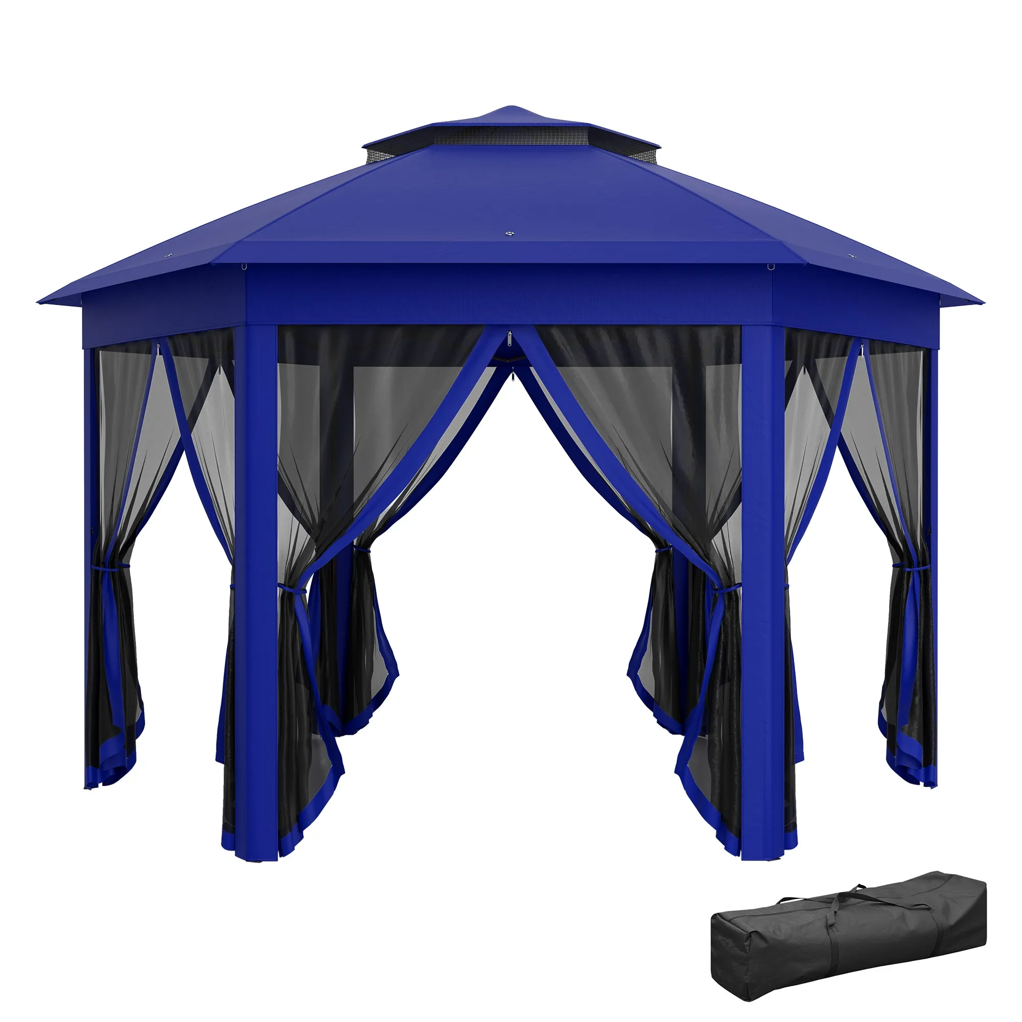 13' x 13' Hexagonal Pop-Up Gazebo Shelter with 6 Zippered Mesh Netting, Dark Blue and Black