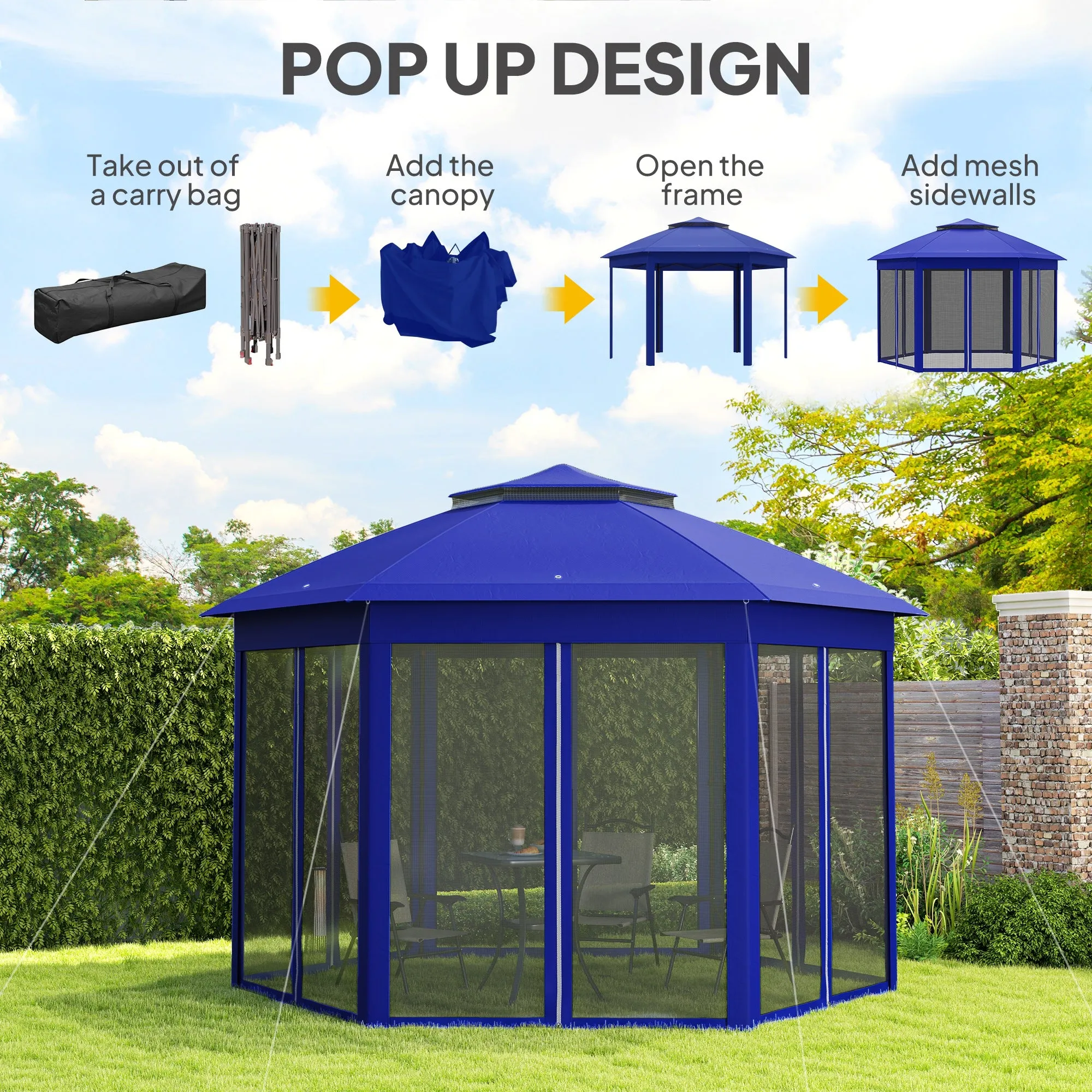13' x 13' Hexagonal Pop-Up Gazebo Shelter with 6 Zippered Mesh Netting, Dark Blue and Black