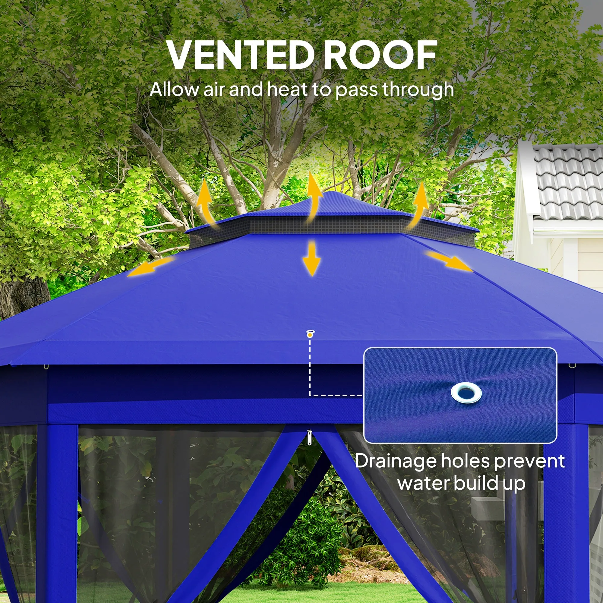 13' x 13' Hexagonal Pop-Up Gazebo Shelter with 6 Zippered Mesh Netting, Dark Blue and Black