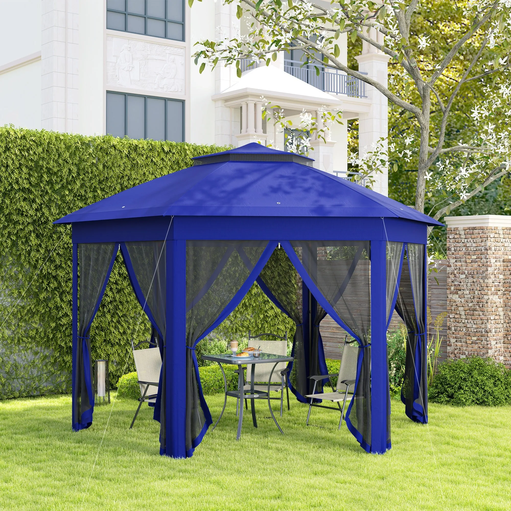 13' x 13' Hexagonal Pop-Up Gazebo Shelter with 6 Zippered Mesh Netting, Dark Blue and Black