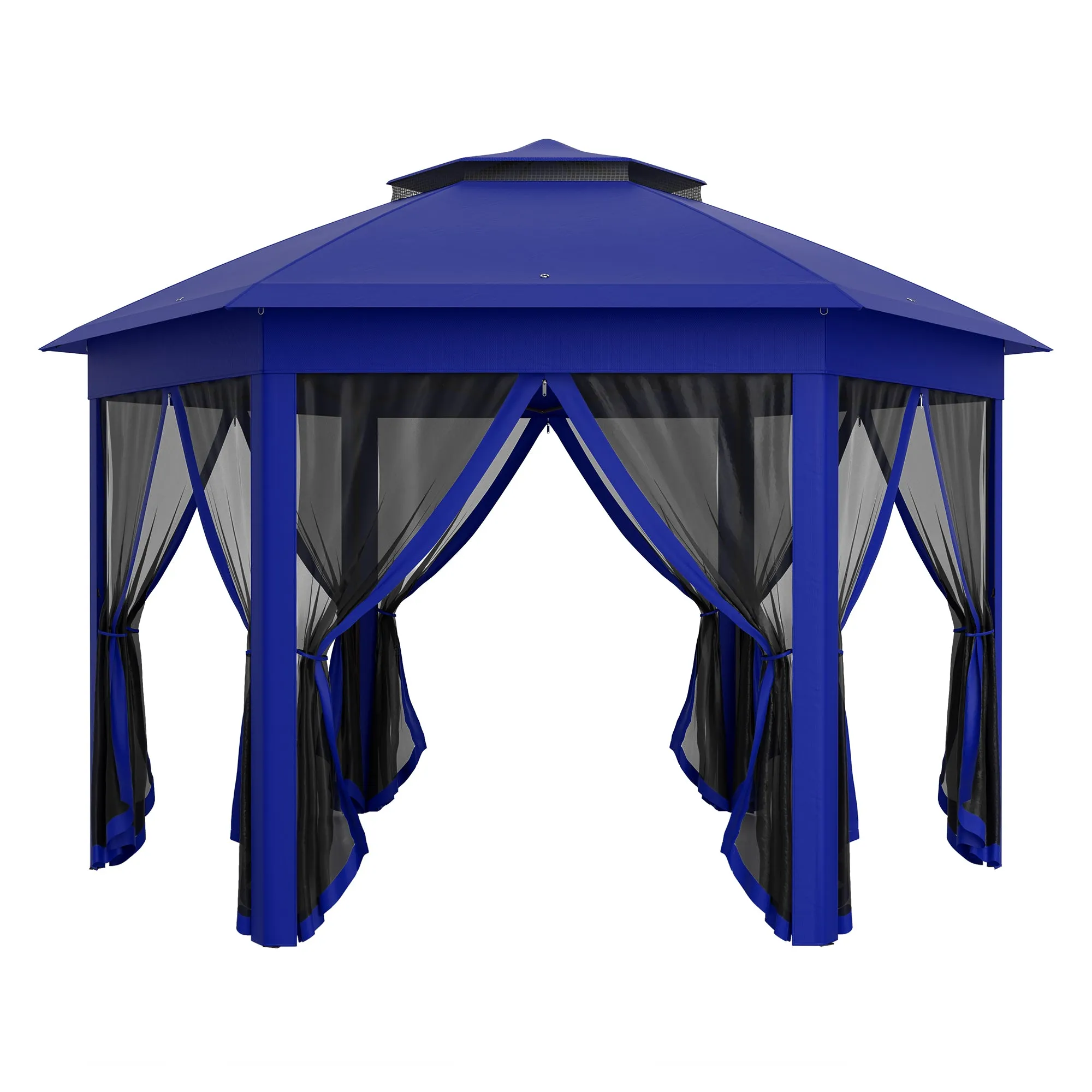 13' x 13' Hexagonal Pop-Up Gazebo Shelter with 6 Zippered Mesh Netting, Dark Blue and Black